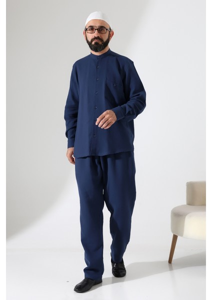 Erkek Müslin Hakim Yaka Cepli Gömlek Pantolon Ikili Takım, Hac Umre Kıyafeti - Lacivert (Ans) indirimleri