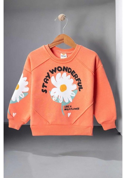 Papatya Baskılı Kız Çocuk 3iplik Şardonlu Kalın Sweatshirt Tek Üst Kışlık Eşofman 1-2-3-4yaş