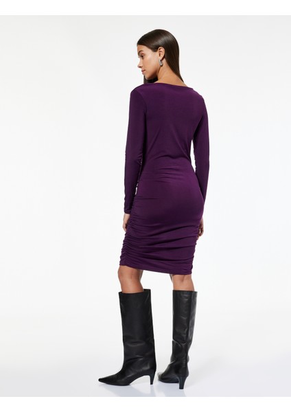 Slim Fit Uzun Kollu Degaje Yaka Drape Detaylı Mini Elbise fırsatları