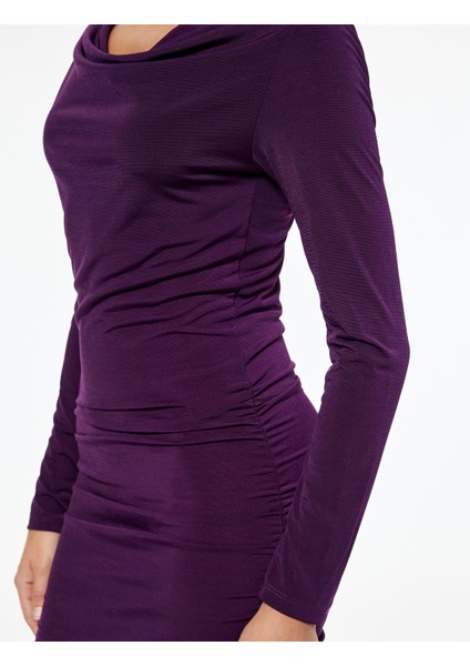 Slim Fit Uzun Kollu Degaje Yaka Drape Detaylı Mini Elbise indirimleri