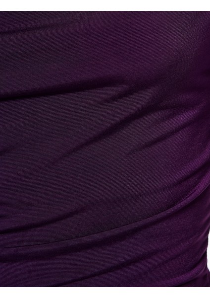 Slim Fit Uzun Kollu Degaje Yaka Drape Detaylı Mini Elbise