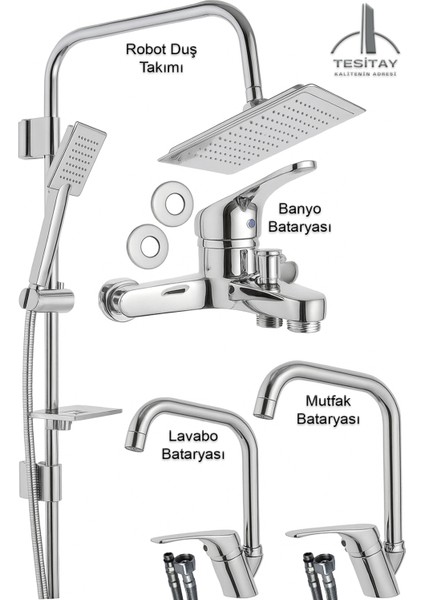 Mutfak, Lavabo, Banyo Bataryası Robot Duş Takımı Siyah Renk Armatür, Musluk Seti Batarya Banyo Seti