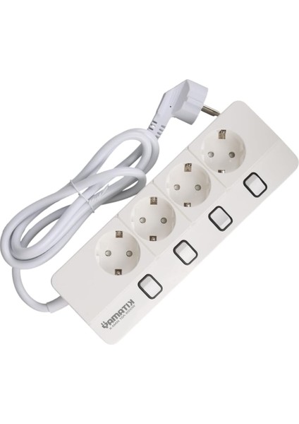 XMAN104 A 4&apos;lü Ayrı Anahtarlı 1,5 Metre Grup Priz, Çocuk Korumalı, Aşırı Yük, Kısa Devre, Aşırı Sıcaklık Koruması, 4000W 16A,