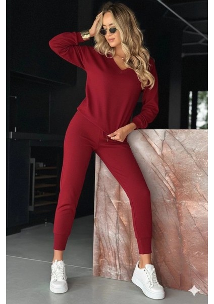 Mdb Kadın Uzun Kollu V Yakalı Viskon Iki Iplik Bluz ve Pantolon Ikili Takım