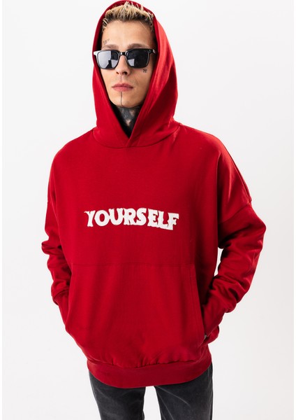 Erkek Kırmızı Oversize Sweatshirt Yazılı Kapüşonlu