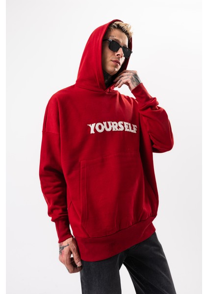Erkek Kırmızı Oversize Sweatshirt Yazılı Kapüşonlu modelleri