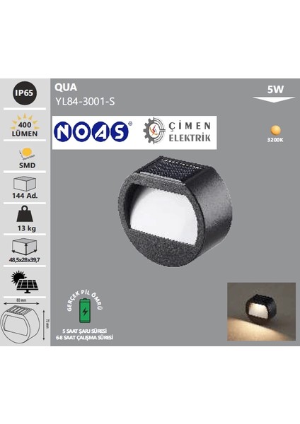 Noas YL84 3001 S 5W Qua Solar Aplik Günışığı