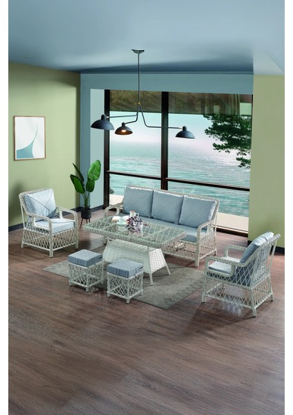 Rattan Edra Bahçe Mobilyası 3+1+1+Camlı Masa Gri- Kemik- Cappucino - B&n Garden