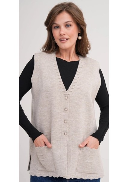 Kadın Anne Büyük Beden Triko Düz Model Yelek