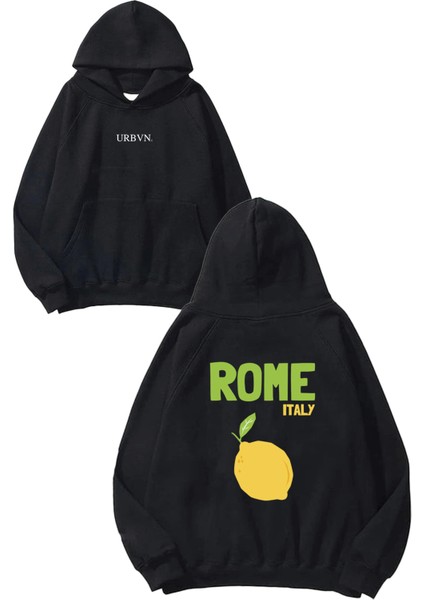 Rome Tasarım Baskılı Oversize Siyah Kapüşonlu Sweatshirt
