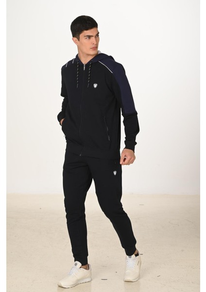 Erkek Pamuklu Tam Fermuarlı Kapüşonlu Eşofman Takımı Lacivert 5282-L
