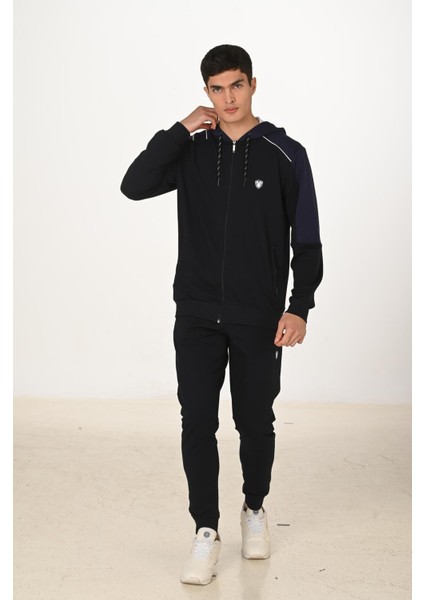Erkek Pamuklu Tam Fermuarlı Kapüşonlu Eşofman Takımı Lacivert 5282-L fiyatları