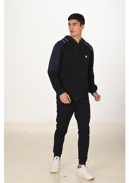 Erkek Pamuklu Tam Fermuarlı Kapüşonlu Eşofman Takımı Lacivert 5282-L fırsatları
