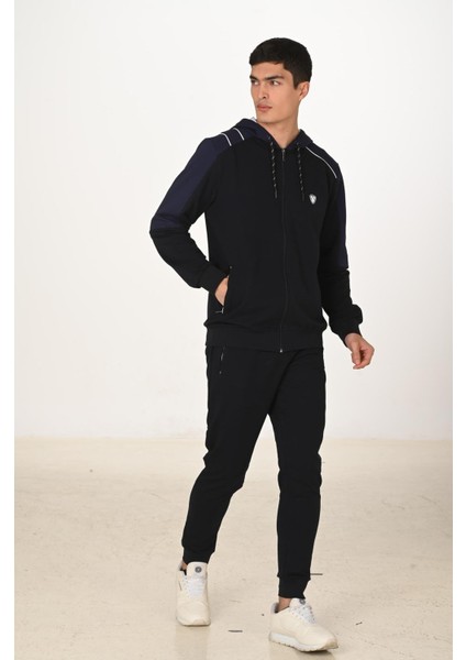 Erkek Pamuklu Tam Fermuarlı Kapüşonlu Eşofman Takımı Lacivert 5282-L indirimleri