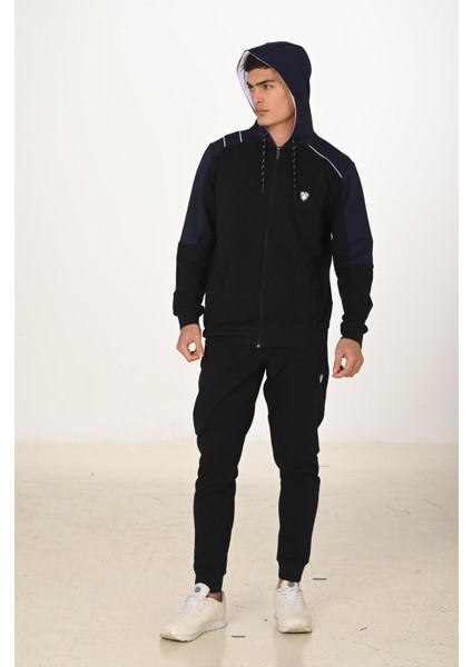 Erkek Pamuklu Tam Fermuarlı Kapüşonlu Eşofman Takımı Lacivert 5282-L