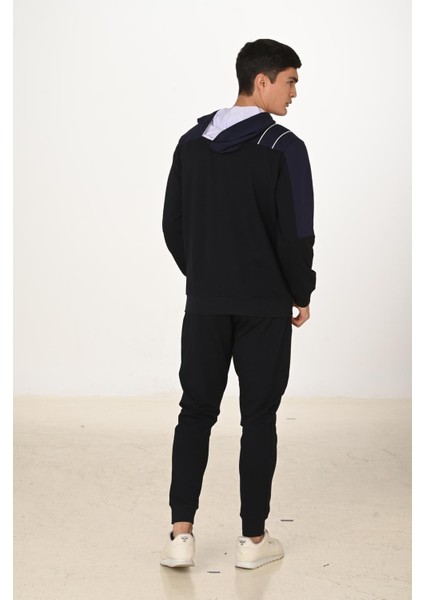 Erkek Pamuklu Tam Fermuarlı Kapüşonlu Eşofman Takımı Lacivert 5282-L