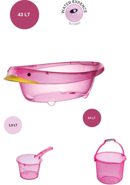 Bebek Banyo Seti Ördek Modelli Şeffaf Küvet Kova Maşrapa Seti Pembe Renk