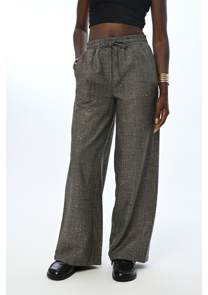 Kadın Beli Lastikli Bol Paça Pul Işlemeli Pantolon