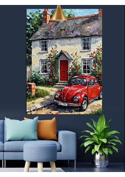 Taş Ev Önünde Park Etmiş Parlak Kırmızı Araba Dekoratif Kanvas - Mdf Ahşap Tablo fiyatları