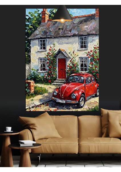 Taş Ev Önünde Park Etmiş Parlak Kırmızı Araba Dekoratif Kanvas - Mdf Ahşap Tablo modelleri