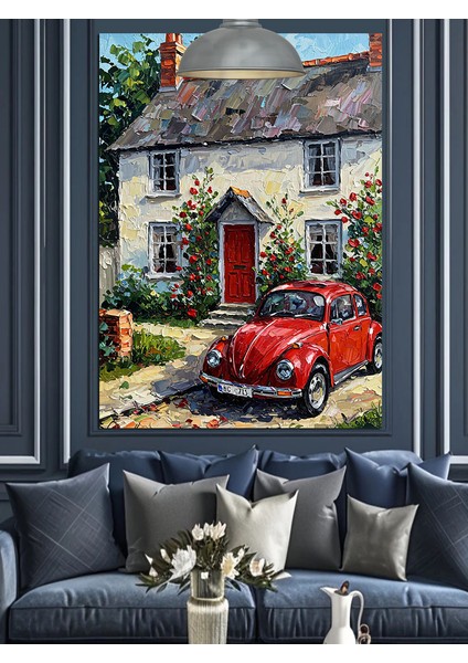 Taş Ev Önünde Park Etmiş Parlak Kırmızı Araba Dekoratif Kanvas - Mdf Ahşap Tablo indirimleri
