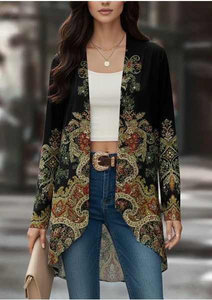 Kadın Uzun Kollu Önü Açık Desenli Şardonlu Dalgıç Ceket