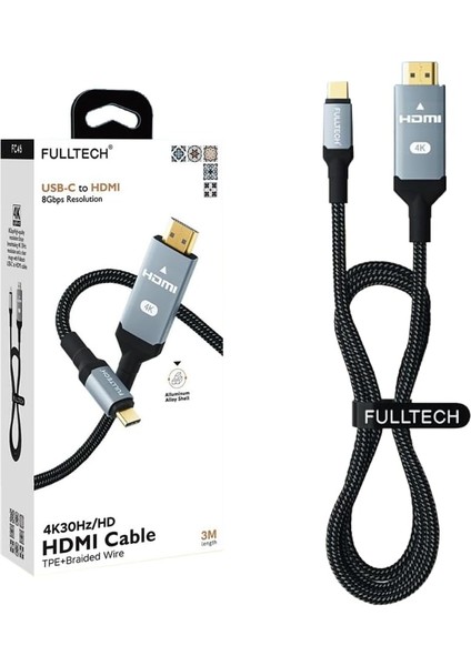Type-C To HDMI 8gbps Çözünürlük 4K 30Hz/HD Telefon Tablet Usb-C Hdmı Çevirici Dönüştürücü Kablo (2 Metre)