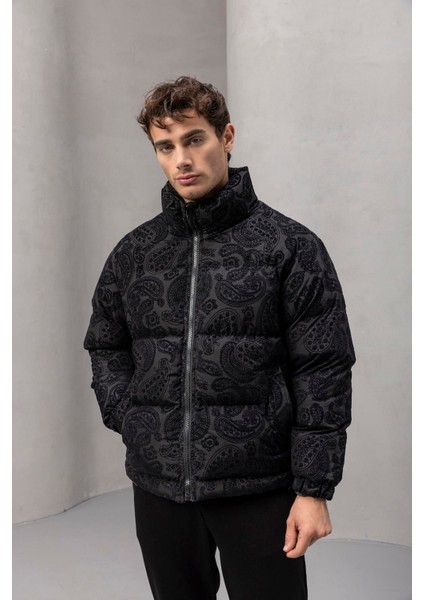 Harjo Etnik Desen Yüksek Yaka Şişme Erkek Mont - Siyah