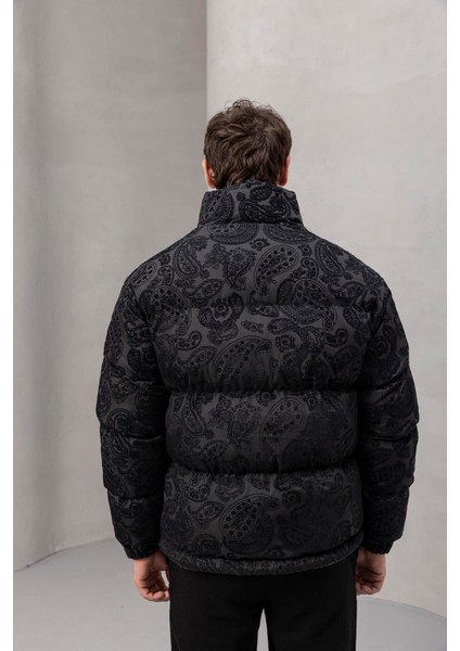 Harjo Etnik Desen Yüksek Yaka Şişme Erkek Mont - Siyah fırsatları