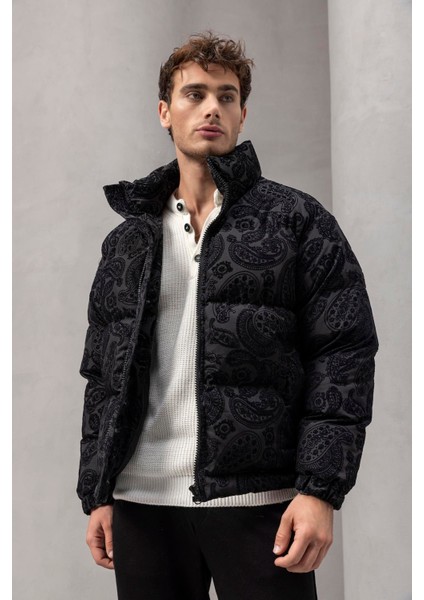 Harjo Etnik Desen Yüksek Yaka Şişme Erkek Mont - Siyah indirimleri