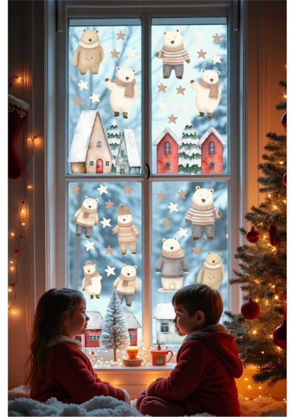 Sevimli Ayıcıklar ve Evler Sticker Seti, Ayıcıkların Tatlı Kasabası Sticker Seti, Yılbaşı Pencere ve Duvar Sticker Seti