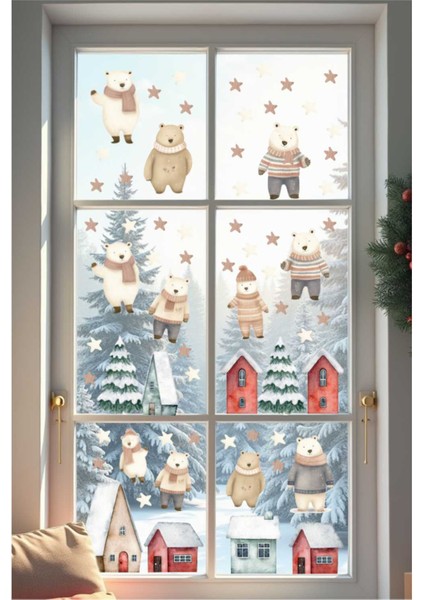 Sevimli Ayıcıklar ve Evler Sticker Seti, Ayıcıkların Tatlı Kasabası Sticker Seti, Yılbaşı Pencere ve Duvar Sticker Seti fiyatları