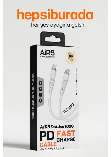 Aırb 1000MM Pd 25W Type-C Lightning Şarj Kablosu – Hızlı ve Güvenli Şarj