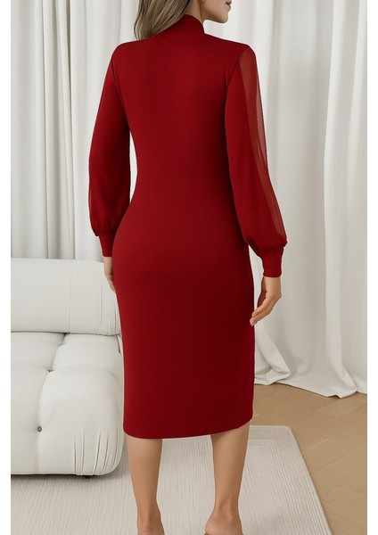 Kadın Uzun Kollu Yarı Balıkçı Yaka Tül ve Inci Detaylı Kısa Ithal Krep Midi Elbise fiyatları