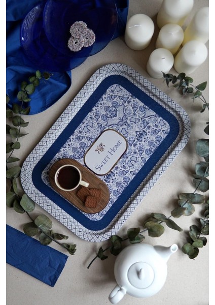 Desenli Metal Tepsi - Çay Kahve Tepsisi - Sunum Tepsisi 28 cm x 40 cm (Azulejos )