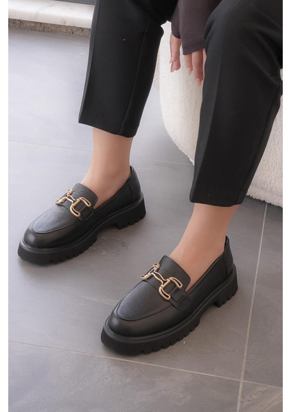Teresa Ithal Toka Detaylı Hakiki Deri Leofer Kadın Günlük Ayakkabı Siyah