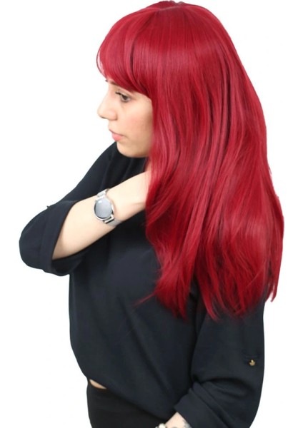 Düz Perçemli Orta Boy Fiber Sentetik Peruk - Kızıl modelleri