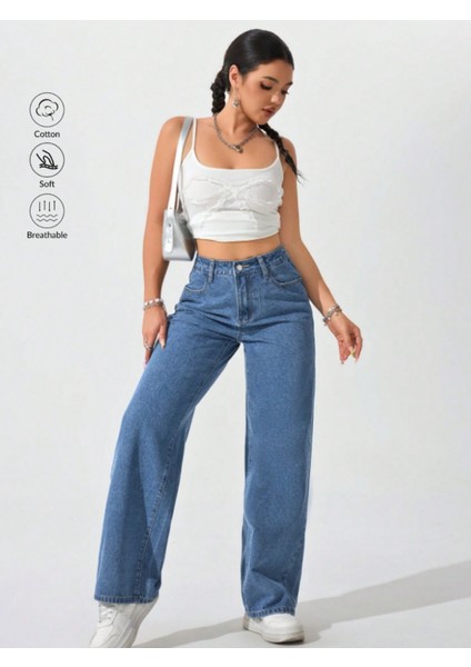 Kadın Yüksek Bel Boyfriend Bol Paça Kot Pantolon