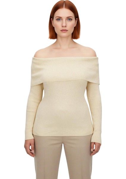 Kadın Simli Fitilli Triko Bluz Carmen Yaka Omzu Açık Regular Boy Uzun Kollu Casual Tarz