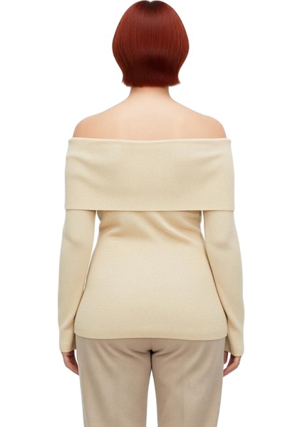 Kadın Simli Fitilli Triko Bluz Carmen Yaka Omzu Açık Regular Boy Uzun Kollu Casual Tarz fiyatları