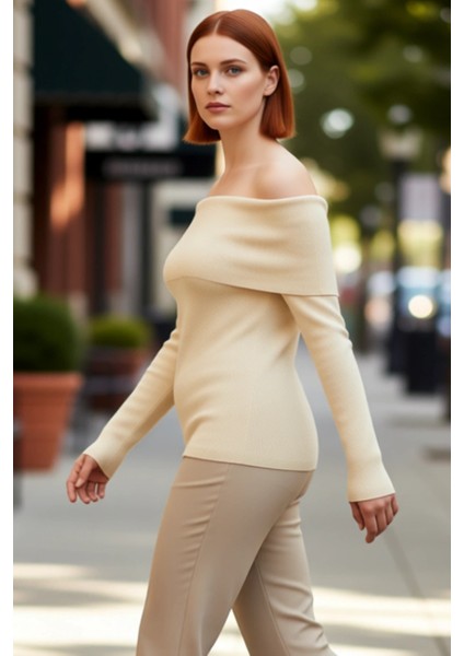 Kadın Simli Fitilli Triko Bluz Carmen Yaka Omzu Açık Regular Boy Uzun Kollu Casual Tarz modelleri