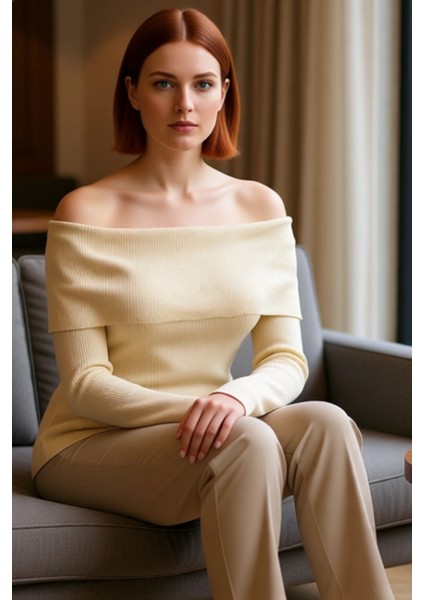 Kadın Simli Fitilli Triko Bluz Carmen Yaka Omzu Açık Regular Boy Uzun Kollu Casual Tarz fırsatları