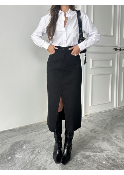 Kadın Ucu Kesik Ön Yırtmaç Kot Etek modelleri