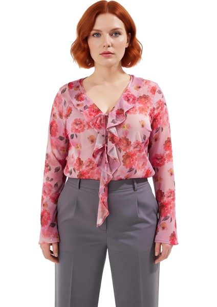 Büyük Beden Kadın V Yaka Tül Ekose Desenli Bağcıklı Bluz Kaliteli Şık Rahat Modern Zarif Günlük