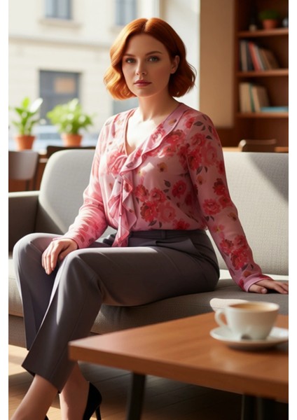 Büyük Beden Kadın V Yaka Tül Ekose Desenli Bağcıklı Bluz Kaliteli Şık Rahat Modern Zarif Günlük fırsatları