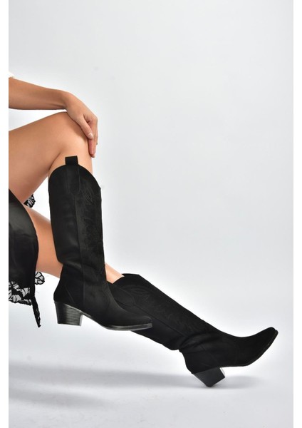 V820356002 Siyah Süet Kalın Topuklu Kadın Çizme