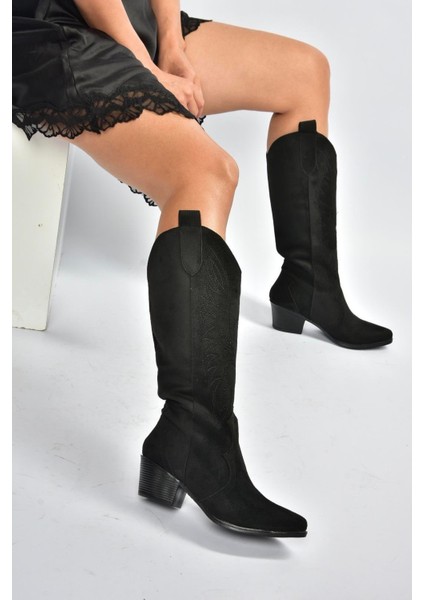 V820356002 Siyah Süet Kalın Topuklu Kadın Çizme modelleri