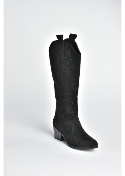 V820356002 Siyah Süet Kalın Topuklu Kadın Çizme