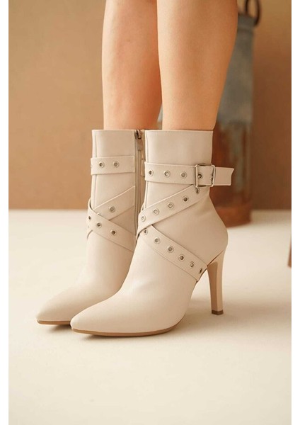 Atye Premium Bej Ince Topuklu Fermuarlı Bot fiyatları