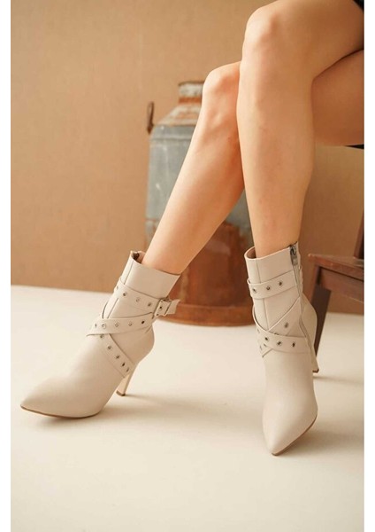 Atye Premium Bej Ince Topuklu Fermuarlı Bot modelleri